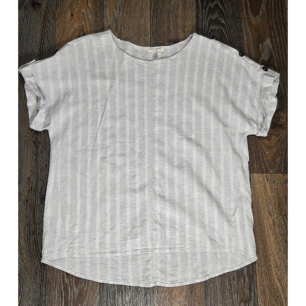 Cable & Gauge Studio Linen Blend Striped Button Shoulder Top Blue White Small